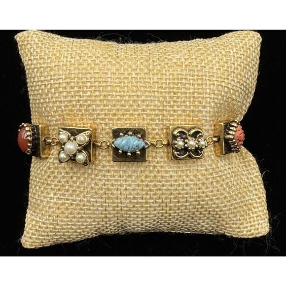 Victorian Revival Gold Tone Square Link Multi Color Glass Cabochon Bracelet - Picture 1 of 13